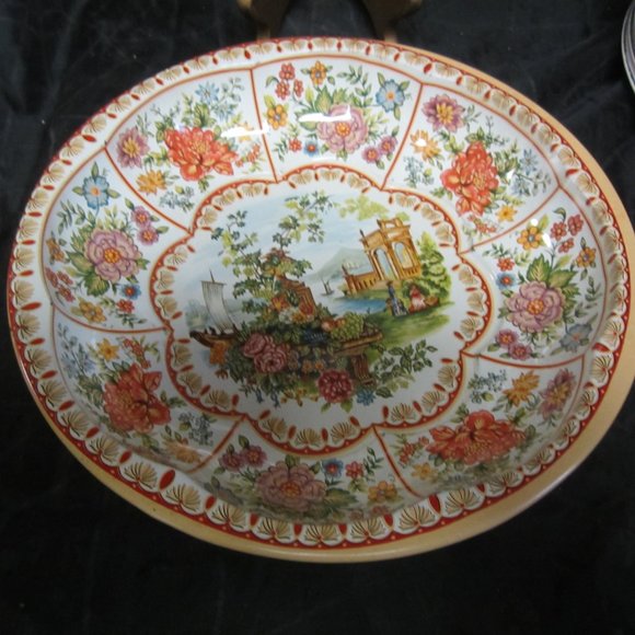 VTG 1971 DAHER DECORATED WARE TIN 10'' BOWL, FLORALS AND SCENES - Picture 5 of 8